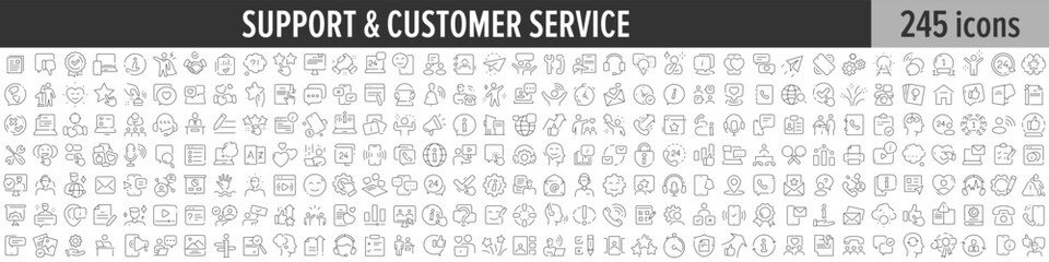 Fototapeta na wymiar Support and Customer Service linear icon collection. Big set of 245 Support and Customer Service icons. Thin line icons collection. Vector illustration