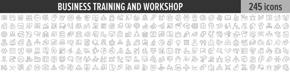 Business Training and Workshop linear icon collection. Big set of 245 Business Training and Workshop icons. Thin line icons collection. Vector illustration - obrazy, fototapety, plakaty