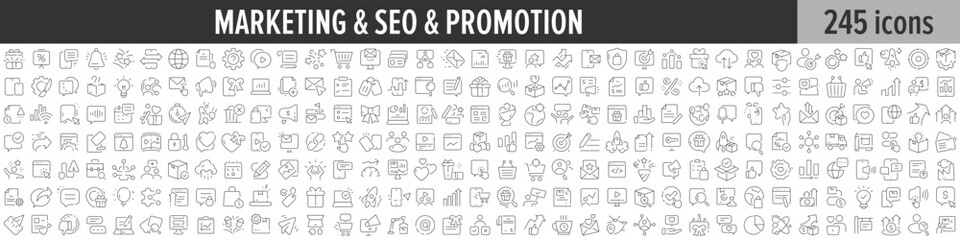 Marketing, SEO and Promotion linear icon collection. Big set of 245 Marketing, SEO and Promotion icons. Thin line icons collection. Vector illustration