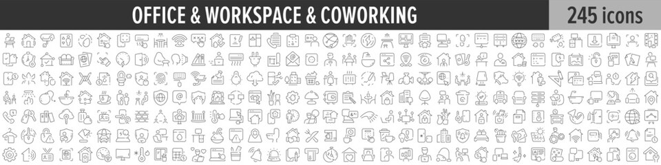 Office, Workspace and Coworking linear icon collection. Big set of 245 Office, Workspace and Coworking icons. Thin line icons collection. Vector illustration