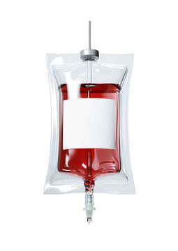 poche de perfusion avec &eacute;tiquette vierge et liquide rouge sur fond transparent