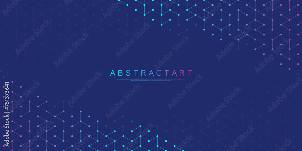 Poster Technology abstract lines and dots connect background with hexagons. Hexagons connection digital data and big data concept. Hex digital data visualization. Vector illustration
