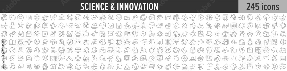 Poster science and innovation linear icon collection. big set of 245 science and innovation icons. thin lin