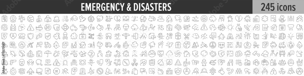 Poster emergency and disasters linear icon collection. big set of 245 emergency and disasters icons. thin l