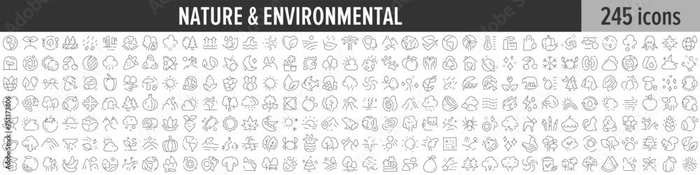 Poster nature and environmental linear icon collection. big set of 245 nature and environmental icons. thin