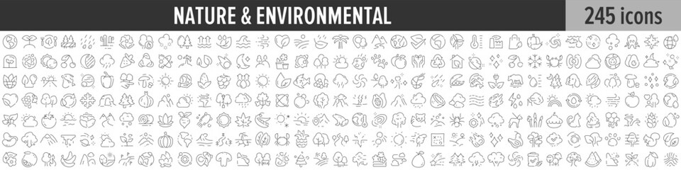 Nature and Environmental linear icon collection. Big set of 245 Nature and Environmental icons. Thin line icons collection. Vector illustration - obrazy, fototapety, plakaty