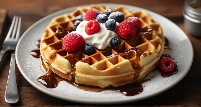 Create a close-up photograph of a single waffle on a plate, highlighting the realistic grid pattern and the deep pockets that trap syrup. Emphasize the texture of the waffle's surface-AI Generative