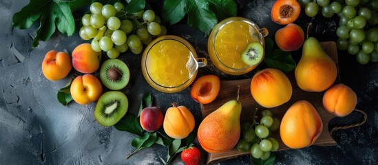 A rustic table is adorned with a variety of fresh fruits and a glass of apricot juice. The colorful spread highlights oranges, strawberries, grapes, and apples, providing a vibrant display.