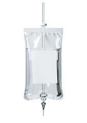 IV bag with blank label and transparent liquid on transparent background