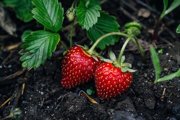 two strawberries growing in the dirt