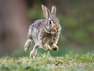 Fototapeta premium A swift rabbit in full sprint, with a soft green backdrop.