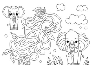 Fototapeta na wymiar Help The Baby Elephant Reach Its Mother In This Engaging Labyrinth Coloring Book For Children