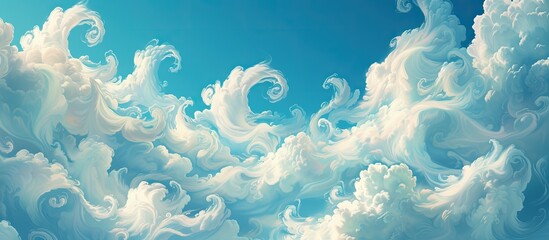 Fototapeta na wymiar A painting depicting curly white clouds contrasting against a vibrant blue sky backdrop, creating a simple yet striking composition.