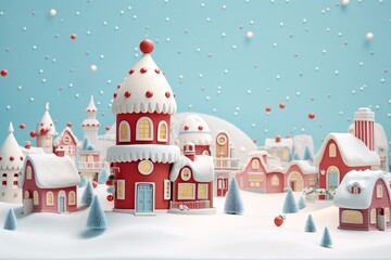 a red and white house with snow on top