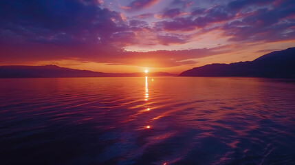 Amazing sunset over the calm sea. The sky is ablaze with color, and the water reflects the vibrant hues. - obrazy, fototapety, plakaty