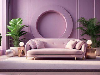 Elevate your presentation with a pastel purple wall featuring refined elements and a luxurious purple sofa design, creating a scene of luxury and tranquillity design