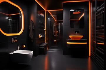 a bathroom with orange lights - obrazy, fototapety, plakaty