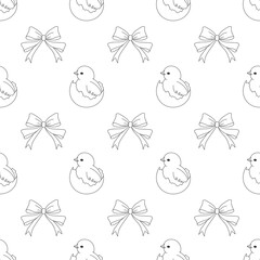 Easter seamless pattern, Chick in eggshell with ribbon, digital paper, black and white, Easter background, pattern, Kids pattern

