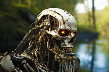 Biomechanical hyperrealistic cyborg with glowing eyes in apocalyptic world on blurred background