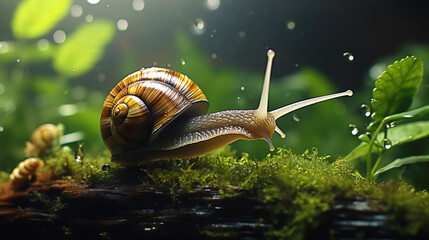 Close up of a snail crawls on wet moss, on blurred background 