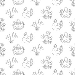 Easter seamless pattern, Easter eggs, basket with Easter eggs, Hen and flowers, Spring flowers, Narcissus, digital paper, black and white, Easter background, pattern

