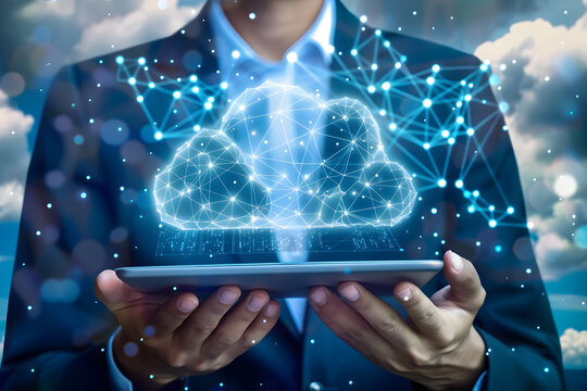 Data cloud storage concept - man holding tablet with cloud icon above it