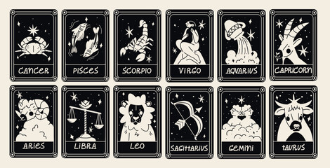 Astrological Cards of constellations and zodiac signs, star horoscopes in cartoon style. Cancer, Pisces, Scorpio, Virgo, Aquarius, Capricorn, Taurus, Libra, Leo, Sagittarius, Gemini, Aries. Magic card © Limpreom