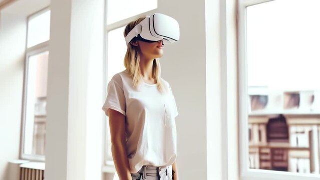 Beautiful young girl wearing virtual reality headset. Augmented Reality. Happy cute woman touch something using modern 3D vr glasses indoors. Woman playing using VR glasses on a sunny day