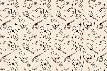 Seamless pattern in old school tattoo style. dice, hearts and matches