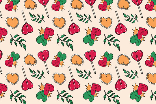 seamless pattern with hearts. Lollipops, hearts and leaves in old school tattoo style