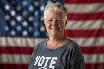 A senior female USA American election voter portrait in front of American flag