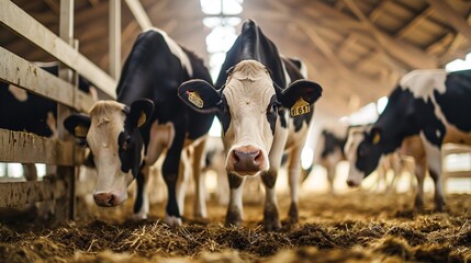 a group of cows in a barn - obrazy, fototapety, plakaty