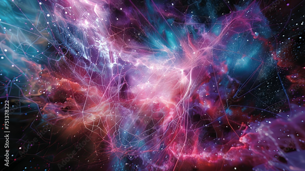 Poster cosmic mesh reality warp: step into the cosmic mesh reality warp, a mind-bending 3d experience where