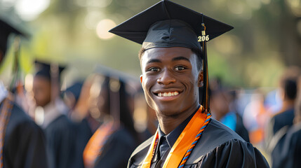 Afro american male graduate, his smile reflecting the joy of accomplishment. Dressed in his cap and gown