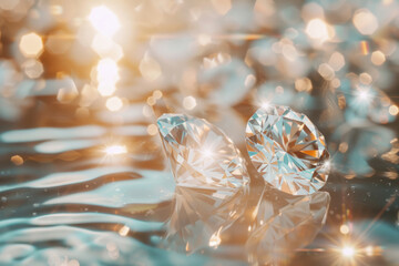 Polished sparkling diamonds scattered on a reflective surface. Precious diamonds stones. Generative AI