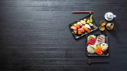 Obraz na płótnie Canvas 寿司、刺身、和食俯瞰撮影