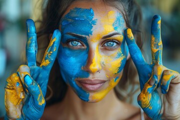 Peace. Woman with blue and yellow body paint, making peace sign. Hope, peace, future.