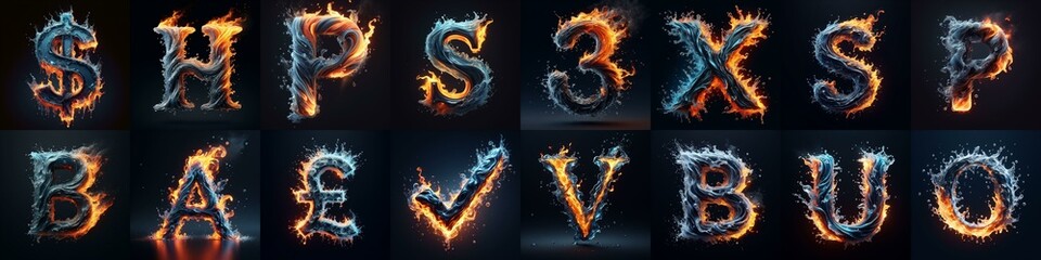 Lettering Typeface That Blends water and fire. AI generated illustration