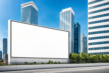 Obraz premium Urban Modernity Displayed: White Large Horizontal Billboard Mockup Against a Dynamic City Background