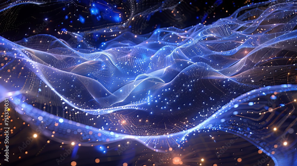 Poster cosmic mesh reality warp: step into the cosmic mesh reality warp, a mind-bending 3d experience where