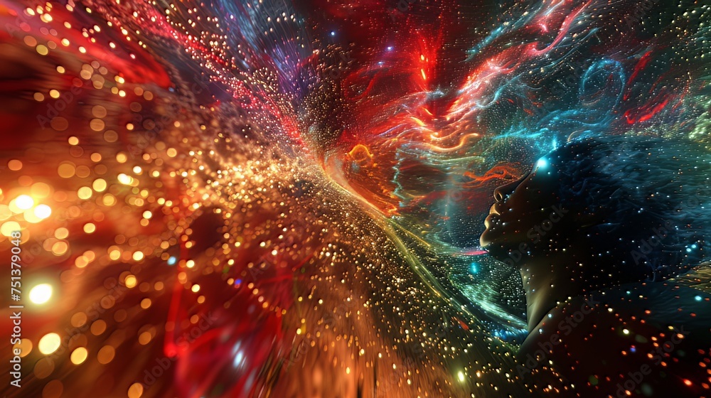 Poster cosmic mesh reality warp: step into the cosmic mesh reality warp, a mind-bending 3d experience where