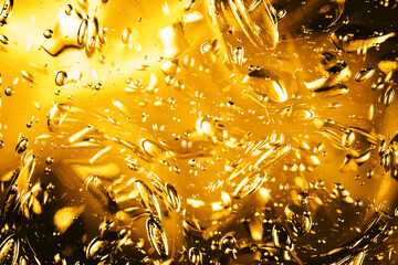 Yellow water gel background. Abstract round bubble shapes fizzy liquid pattern. Water fluid red texture. Bright back light spa water. Abstract fluid jelly background.