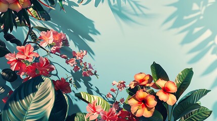vibrant tropical flowers and leaves on a blue background, with shadows.