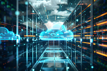 Cloud data storage concept - srver room with cloud icon