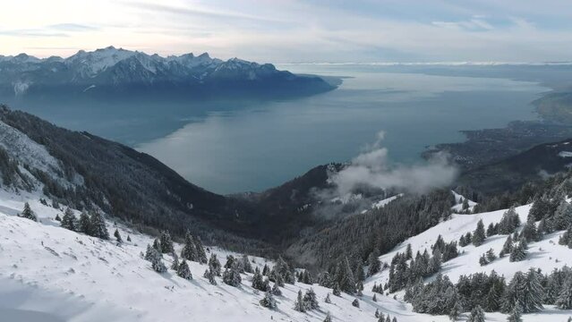 Montreux Riviera Leman Lake Switzerland Panoramic Drone Shot