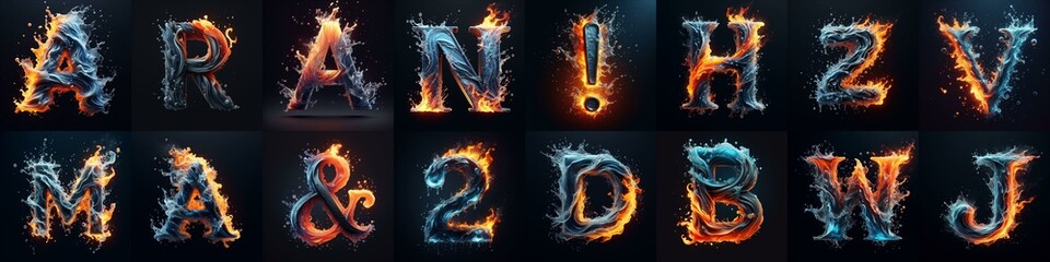 Fototapeta premium Lettering Typeface That Blends water and fire. AI generated illustration