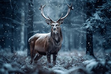 a deer with antlers in a snowy forest