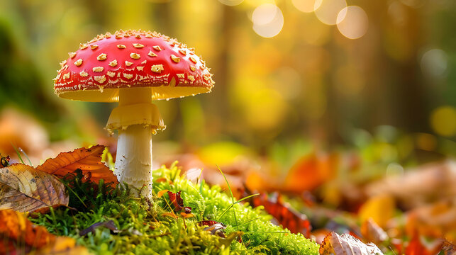 Red and white toadstool mushroom in a forest with a blurred background of yellow and brown leaves, green moss, and a single ray of sunlight shining th