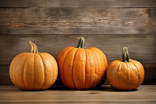 three pumpkins against the background of wooden walls