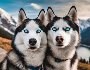 A beautiful and touching photograph of two black and white Siberian Huskies, with blue eyes. They are sitting next to each other, staring intently at the camera, against a background of snow-capped